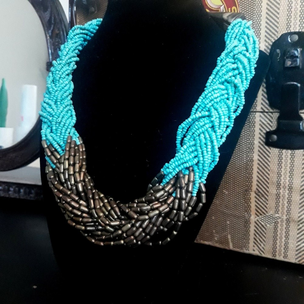 Braided Multi-Strand Beaded Collar Necklace Faux Bone Hook Closure